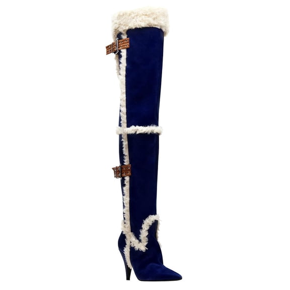 FSJ Women Thigh High Fur Boots Over-The-Knee Shearling Trim Buckle Straps Pointed Toe Cone Heel Winter Shoes Size 8 Blue