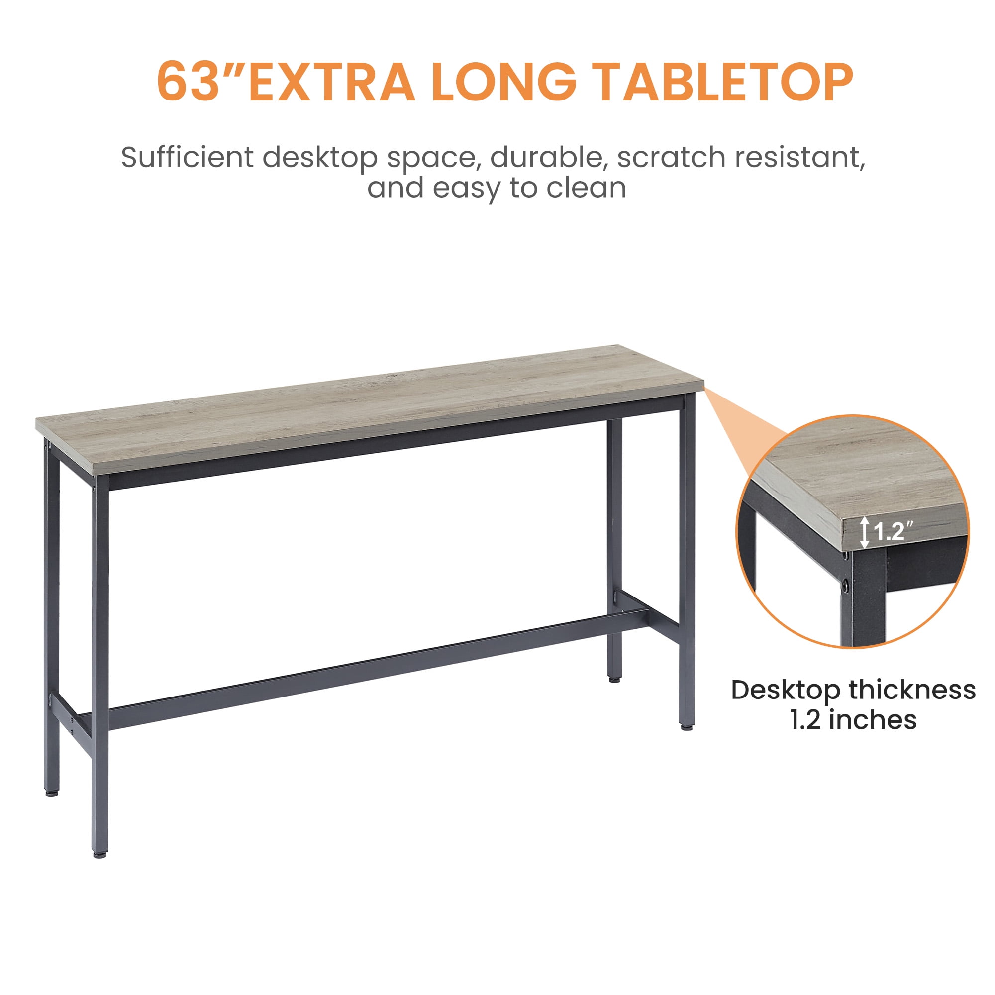 Long Bar Table Set with 3 PU Upholstered Stools, Industrial Bar Chairs for Kitchen Breakfast Table,Living Room,Banquet Hall, Rustic Gray, 63″L x15.7 W x 37.5" H