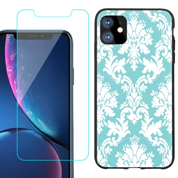 For Apple iPhone 11 Phone Case , Slim-Fit TPU Protective Case (Black), with Tempered Glass Screen Protector, by OneToughShield ® - Victorian White/Teal