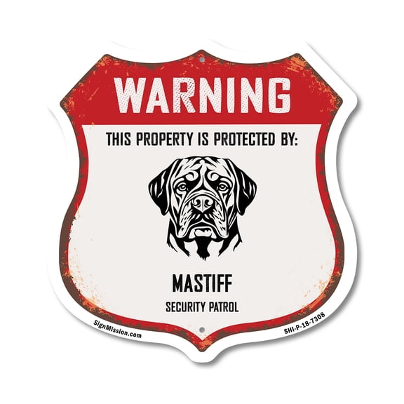 Warning This Property is Protected by Mastiff 18 inch X 18 inch Shield Shaped Commercial Grade Plastic Sign Weather Resistant Made in the USA