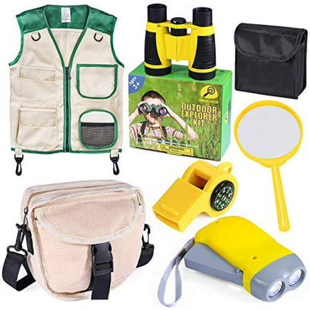 INNOCHEER Outdoor Explorer Kit with Vest & Crossbody Bag, Children Adventure Paleontologist Costume Set with Binocular,