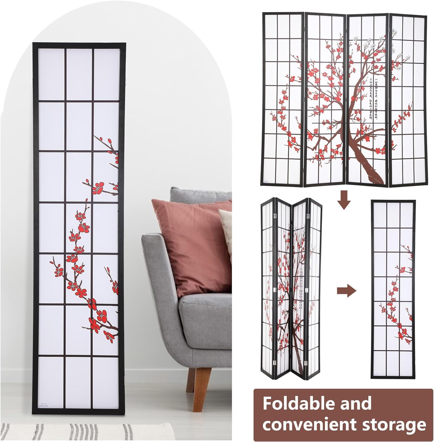 PayLessHere Room Divider 6ft Folding Privacy Divider 4 Panels Oriental Shoji Screen Room Divider Portable Freestanding Partition Screen, White
