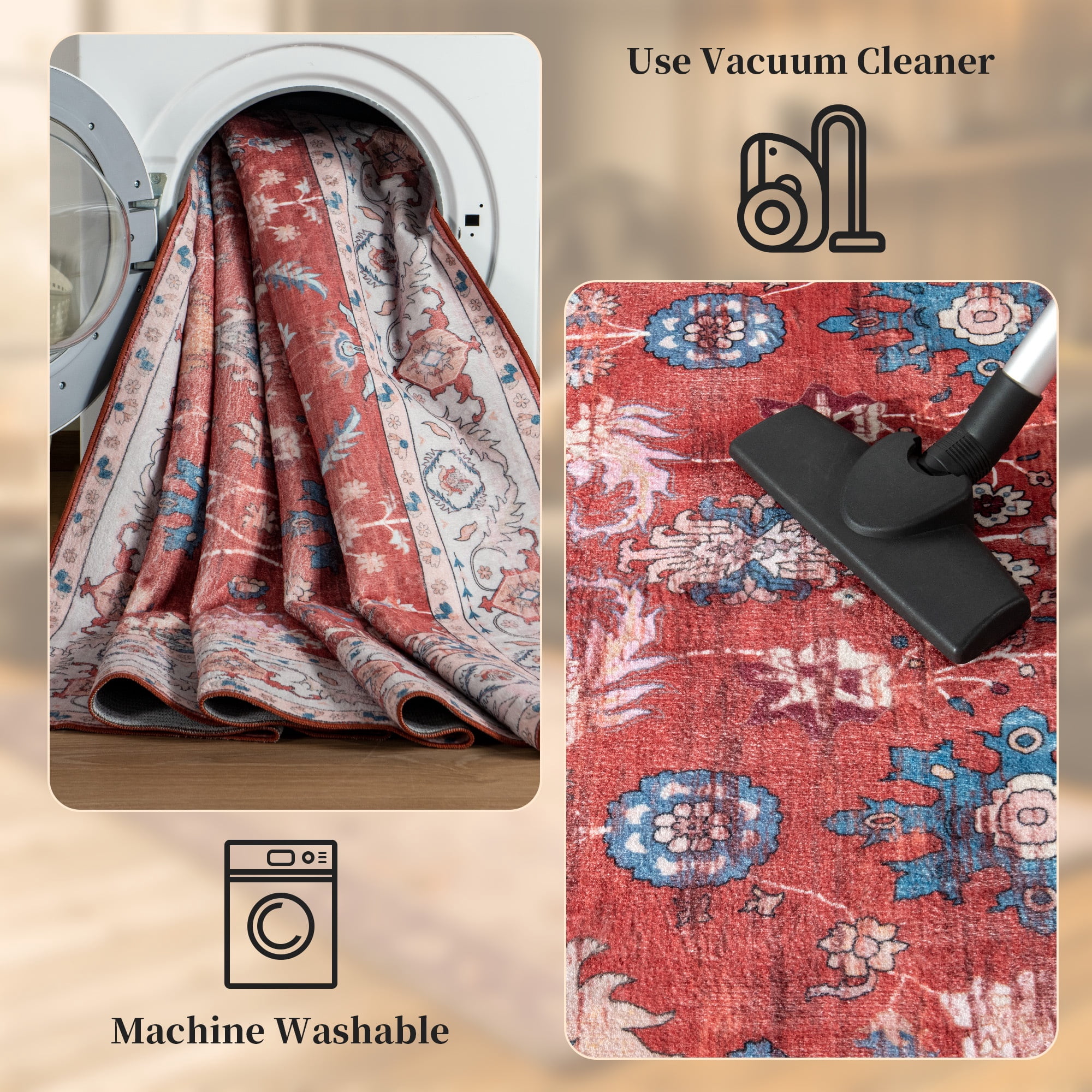 Wondo 8x10 Vintage Bohe Washable Red Area Rug for Living Room, Bedroom, Dining Room, Office, Nursery Anti-slip Easy Care Carpet, Ultra-thin Stain Resistant Indoor Low Pile Carpet