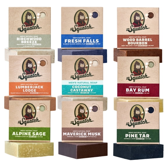 Dr. Squatch Mens Bar Soap, Natural Bar Soap for Men, Birchwood Breeze, Fresh Falls, Wood Barrel Bourbon & More, 45 oz, 9 Pack, Mixed
