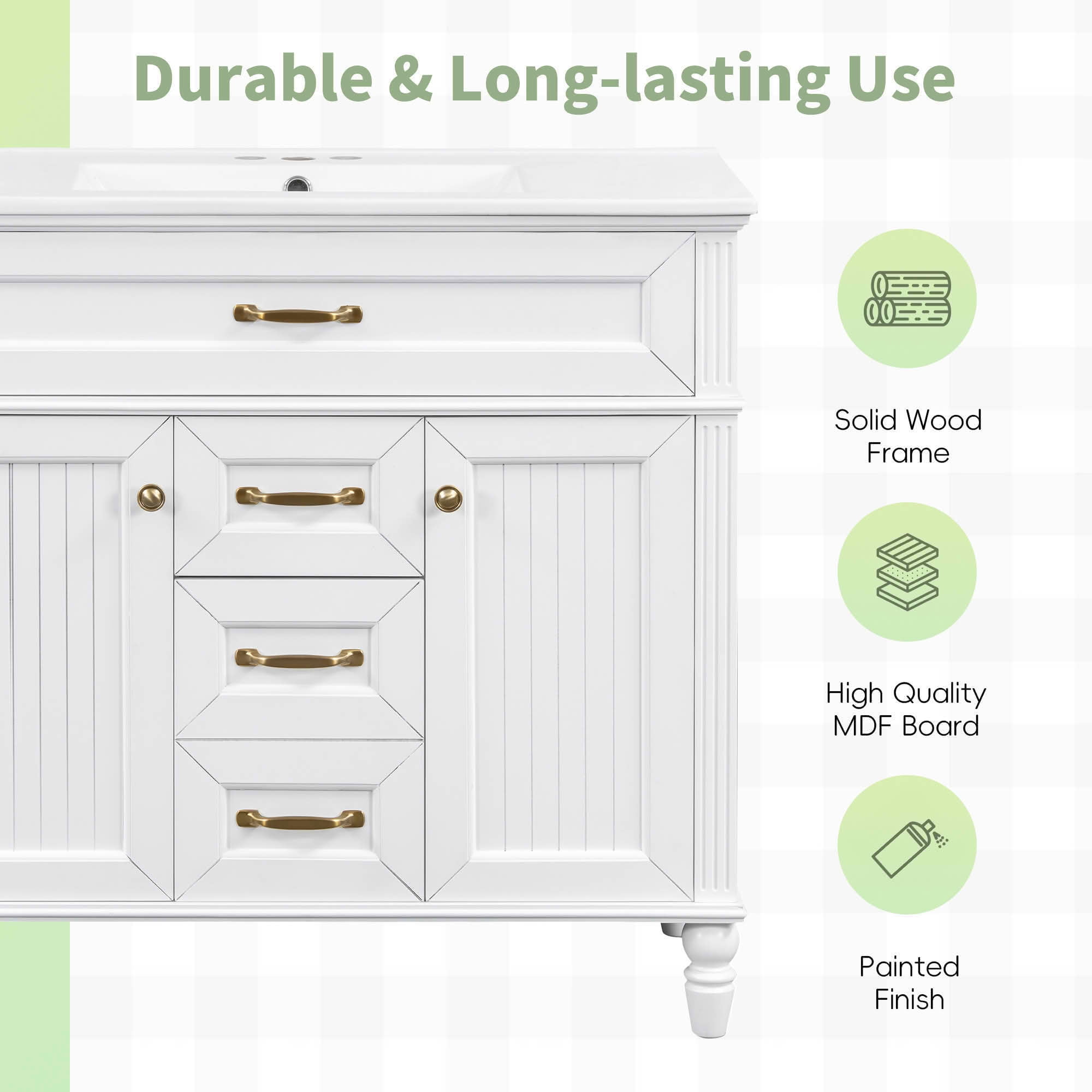 MAYEERTY 36" Bathroom Vanity with Sink White Freestanding Ceramic Basin MDF Solid Wood Flip-Out Drawer Soft Close Doors Golden Handles