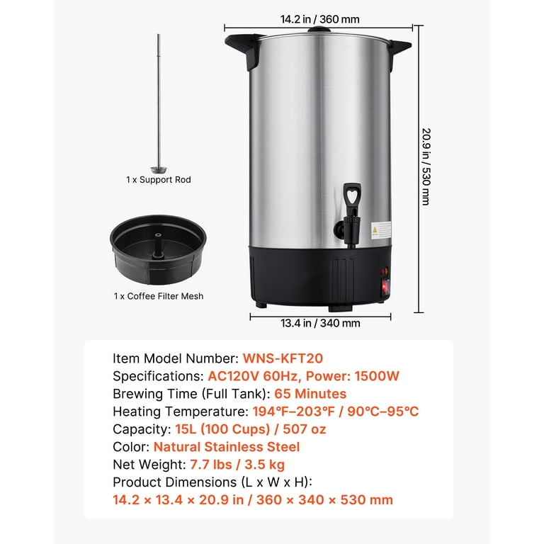 Kffkff Commercial Coffee Urn, 100 Cup 15 L Hot Beverage Dispenser with Non-Drip Faucet, Fast-Brewing Stainless Steel Large Coffee Maker, Ideal for