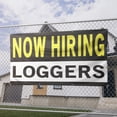 thumbnail image 2 of Now Hiring Loggers 13 oz Heavy Duty Vinyl Banner Logger Jobs Available Logging Workers Help Wanted Sign for Business Indoor/Outdoor Single-Sided with Metal Grommets (4x10 ft, Bk & Wh & Ye), 2 of 6