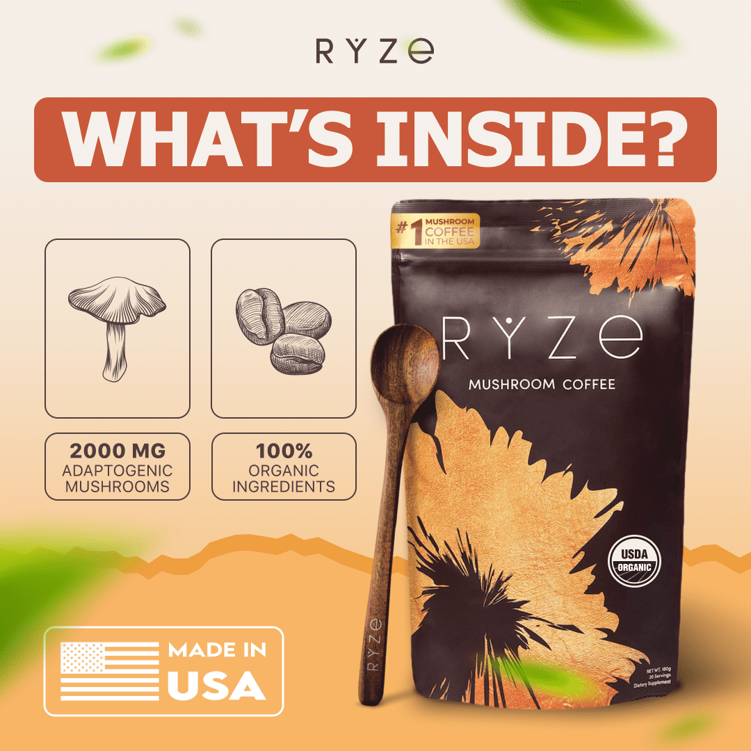 RYZE Mushroom Coffee USDA Organic with 6 Adaptogenic Mushrooms and MCT Oil, Instant Coffee for Better Energy, Focus, Digestion, Immunity, 30 Serving