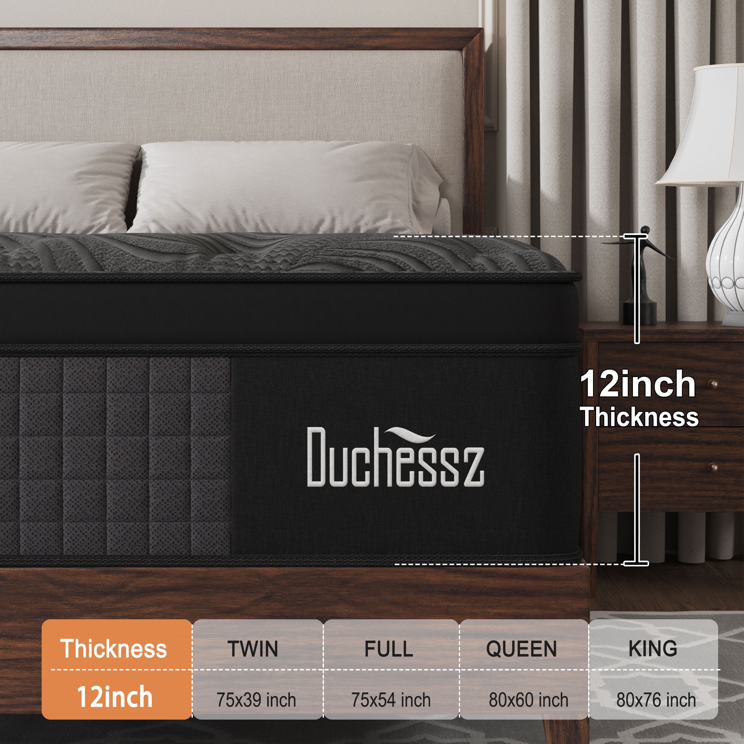Duchessz Queen Mattress 12 inch Gel Memory Foam Pocket Innerspring Hybrid Mattress In a Box Medium Firm, Adult