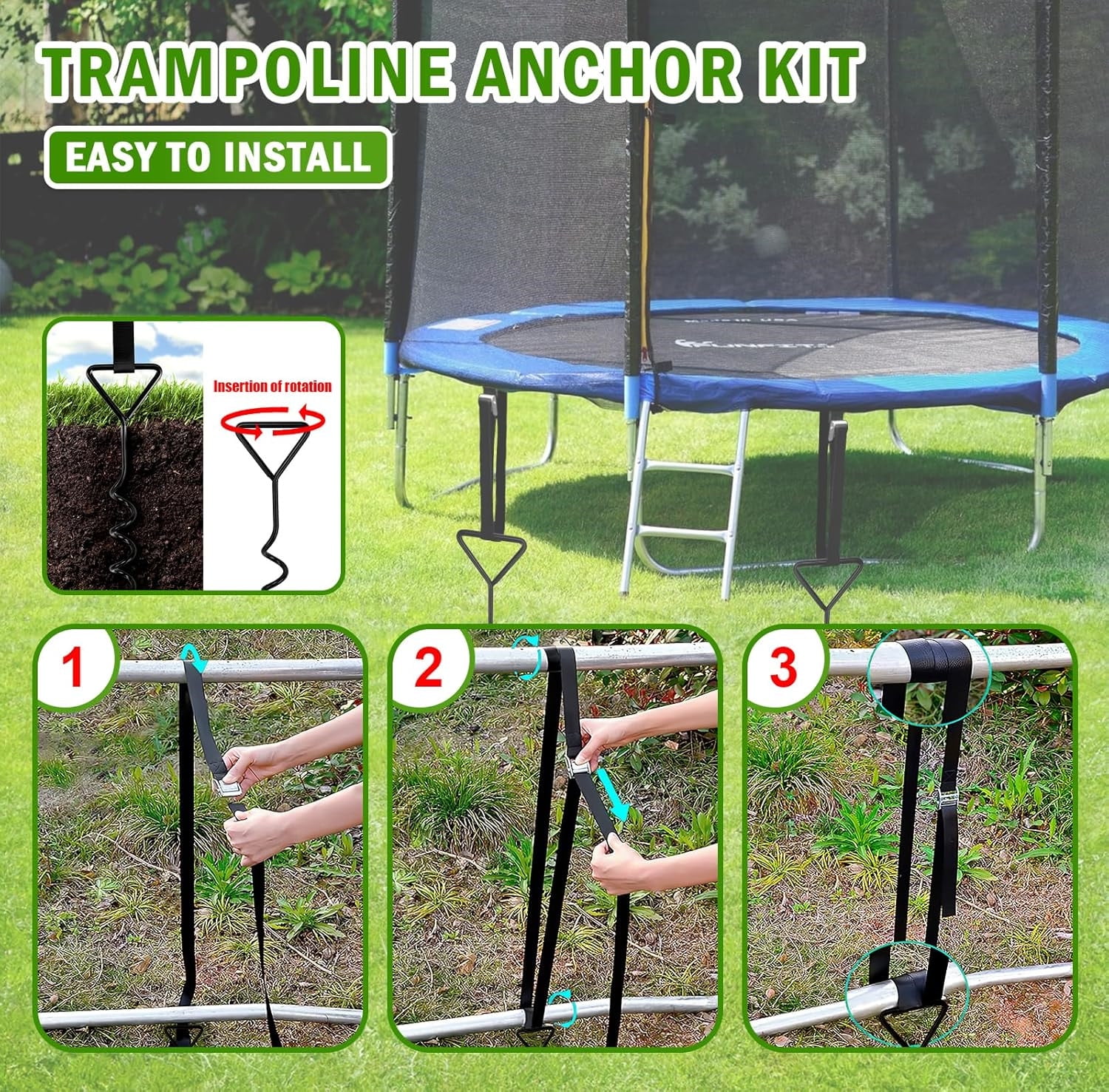 Meilimei 4-Pack Corkscrew Shape Steel Trampoline Stakes Anchors, Heavy-Duty Spiral Ground Anchors Kit with Straps, Black Galvanized Windproof Stabilizers for Trampoline, Outdoor Tent, Canopy Security