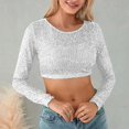 thumbnail image 2 of CENTIE Lingerie for Women's Sequins Solid Round Slim Midriff Long Sleeved Top for White M, 2 of 5