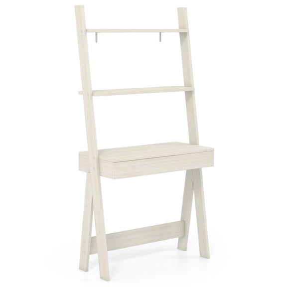 GVN Ladder Shelf Desk with Countertop Drawer and Anti-Toppling Device-Oak, Storage Shelves for Bedroom,Living Room, Home Office, Bedroom, Balcony
