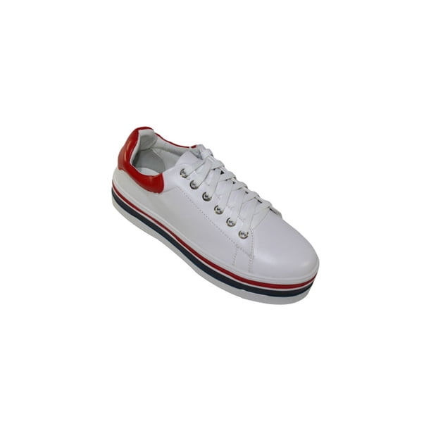 TENIS PLATAFORMA CASUAL LEON MUJER DAMA BLANCO CON ROJO POLIPIEL CABRA 3829 LEON 3829p