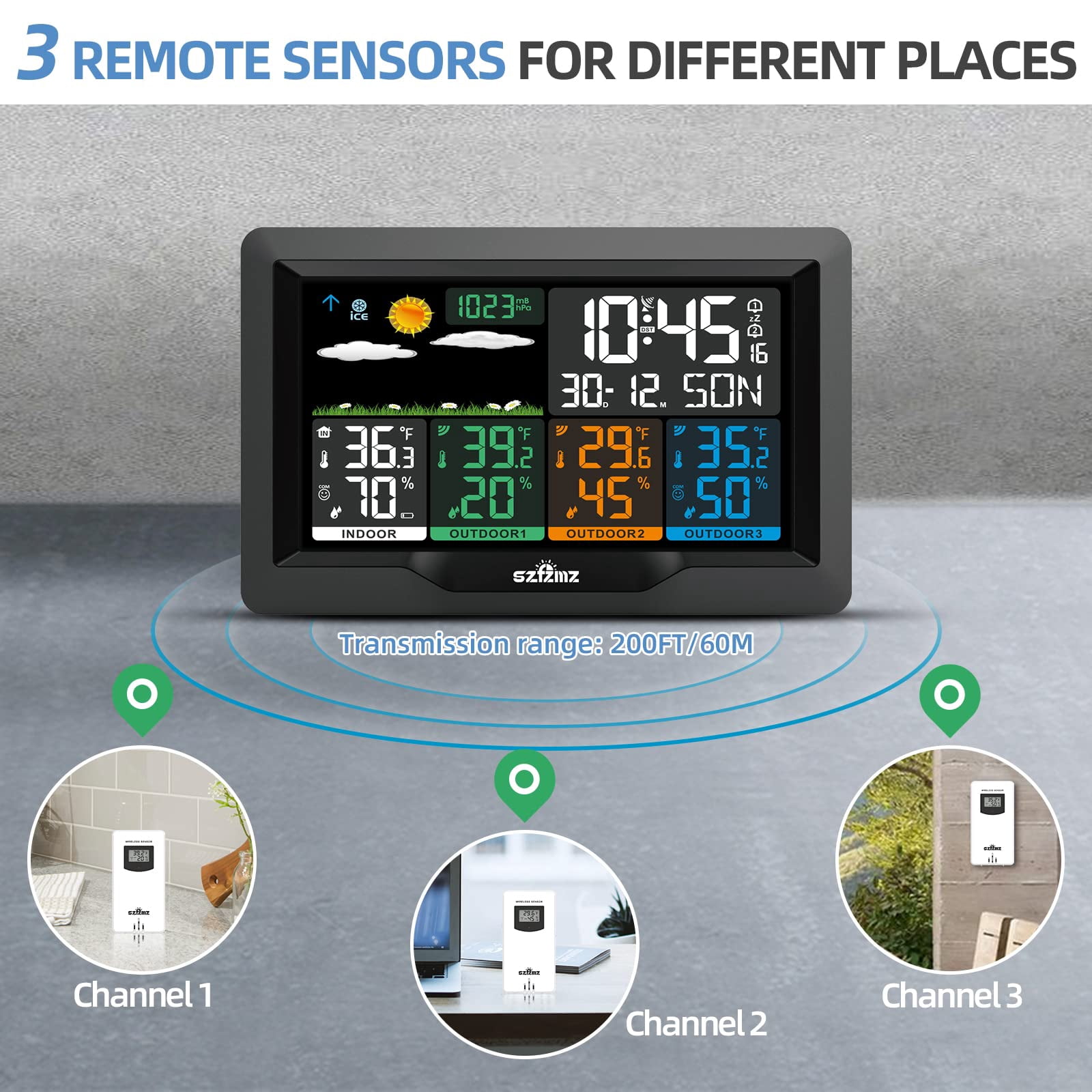 Weather Stations Wireless Indoor Outdoor With 3 Sensors, Color Display Weather Station Indoor Outdoor Thermometer Wireless Weather Forecast Station, Digital Atomic Clock With Backlight