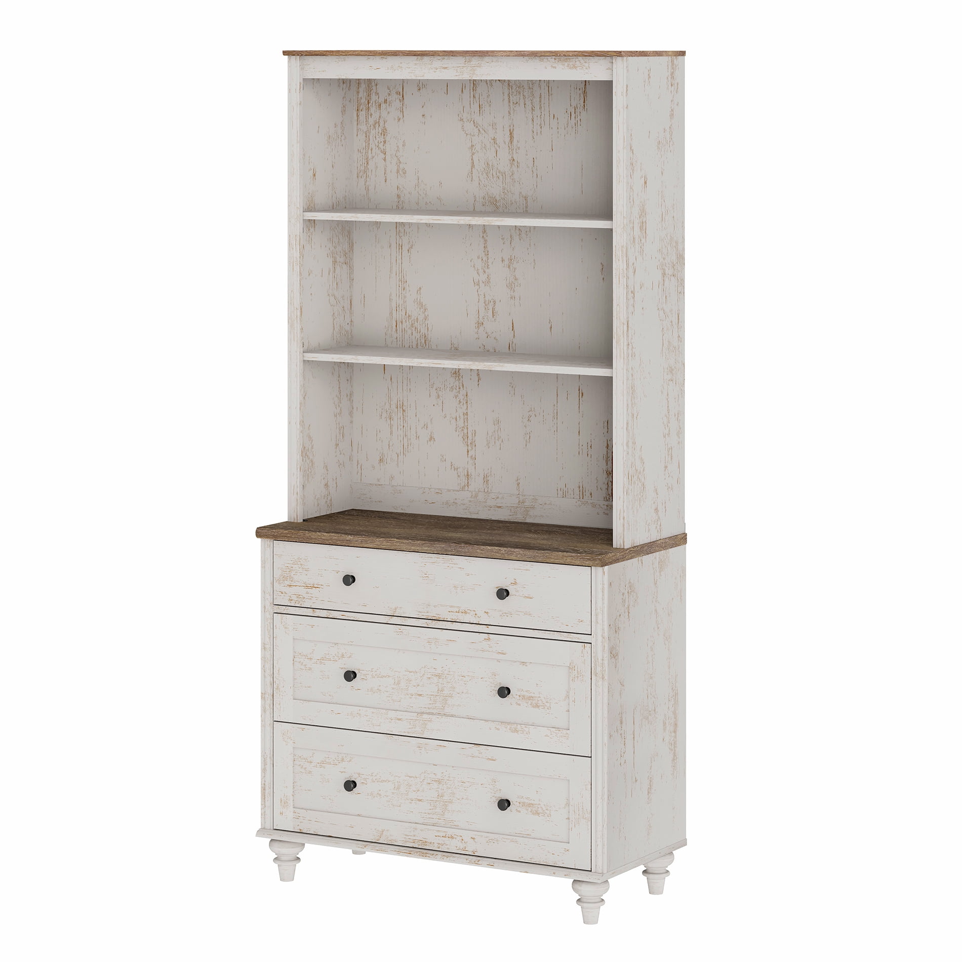 Farmhouse 5 Tier Bookcase With 3 Drawers, Rustic White, 33.9" W
