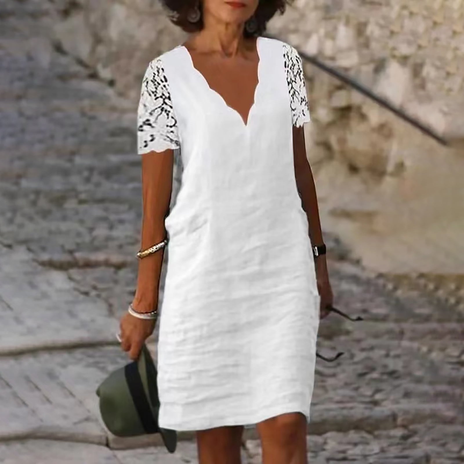 Meichang Cotton Linen Dresses for Women Lace Short Sleeve V Neck Mini  Dresses Solid Casual Loose Summer Dresses Elegant Work Dresses White L