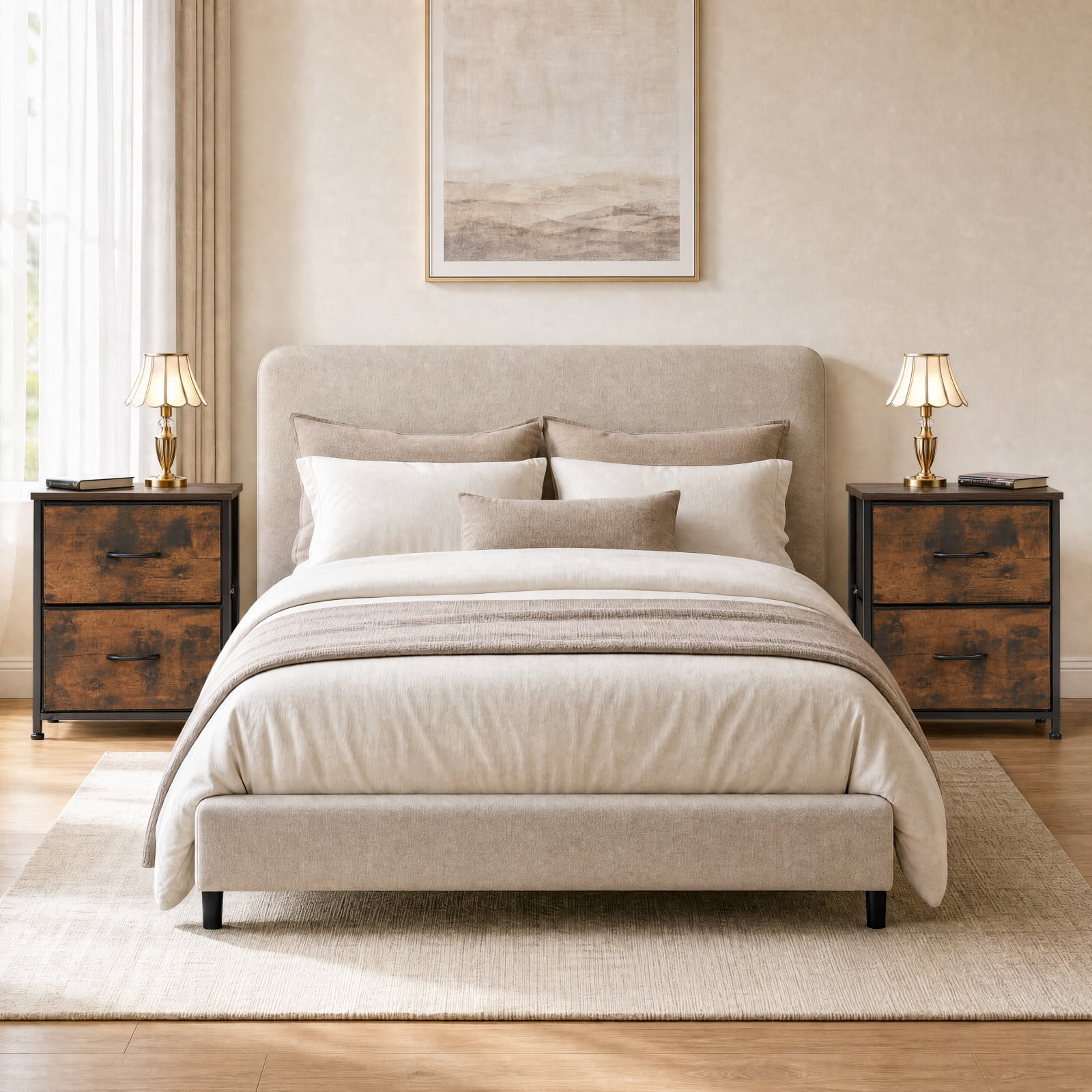 Telyra Nightstands Set of 2 20" Fabric Bedside Tables with 2-Drawer Wood Tops and Steel Frames Small Storage Organizers, Rust