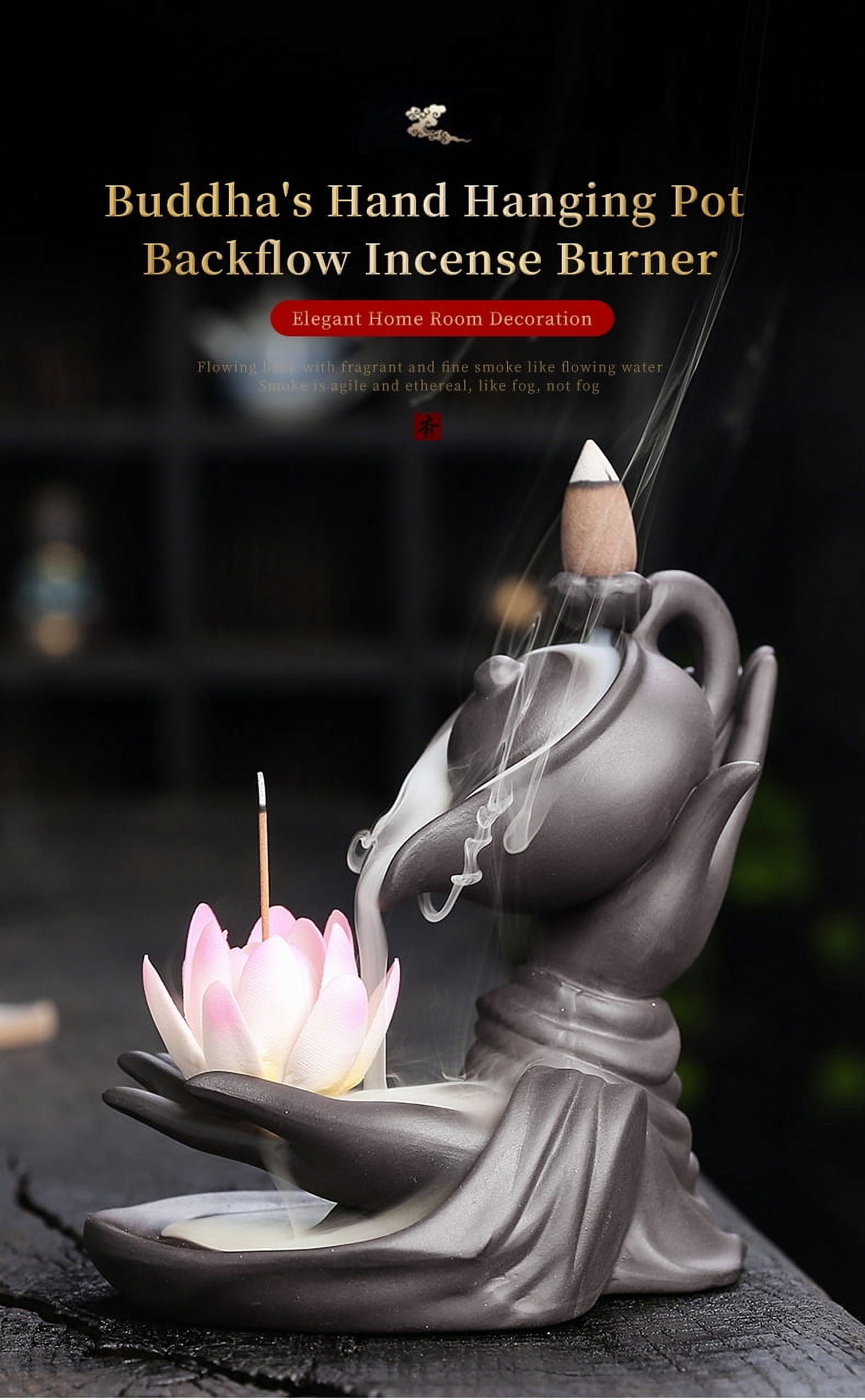 Buddha Hand Series Backflow Incense Burner Indoor Smoke Waterfall Incense Holder Creative Lotus Ceramic Incense Burner (White Lotus)