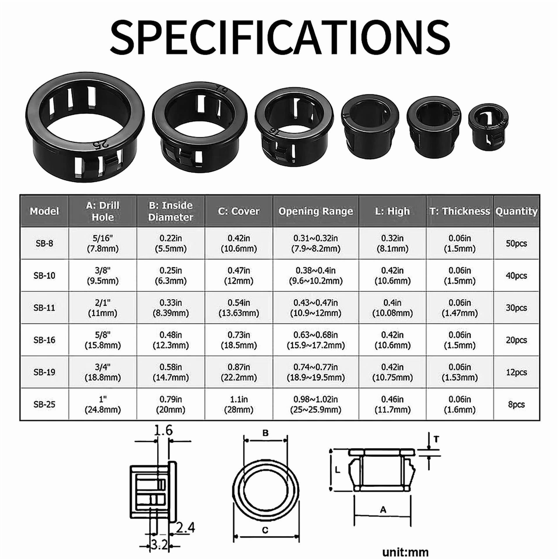 CIRCLE- 170 Pcs Black Nylon Cable Snap Bushing Grommets, 5/16" To 1" Assortment Kit