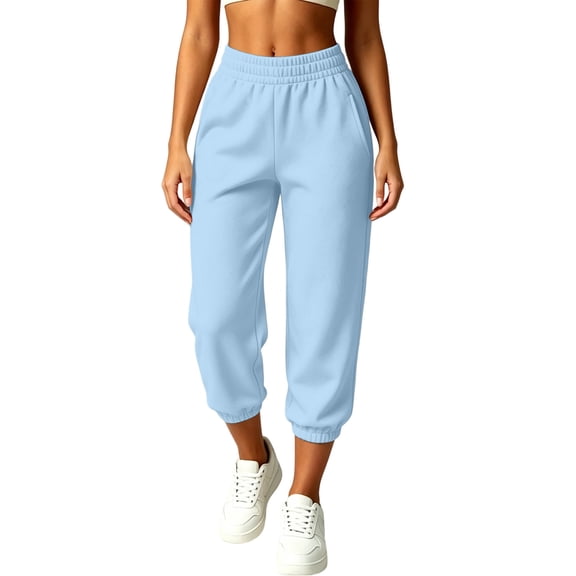 QIYAGBSA Women Capri Sweatpants Elastic Waist Cuffed Hem Side Pockets Casual Wear (Light Blue, M)