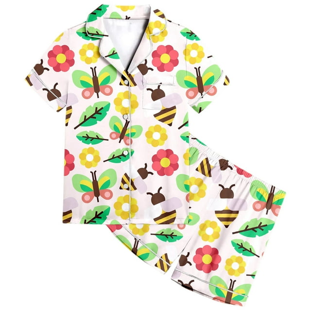 Ensemble de Pyjama Élégant pour Filles avec Haut à Col à Revers Imprimé à Manches Courtes et Short pour un Coucher Douillet et le Confort de Détente