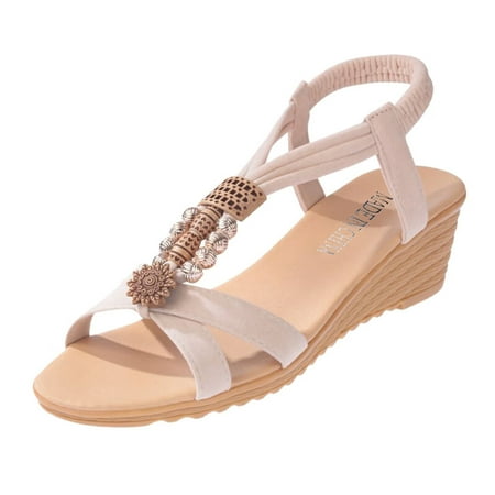 

Slippers for Women Fashion Spring Summer Women S Sandals Bohemian Wedge Fish Mouth Sandals Beaded Womens Slippers Pu Beige 38