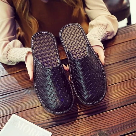 

QWZNDZGR 2022 Spring Braided Leather Slippers Men Indoor Home Shoes Unisex Room Slippers Male Fur Slides New Mules Slipper Big Size 45 46
