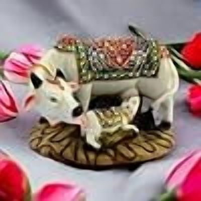 Polyresin Decorative Cow and Calf Idol | Kamadhenu Gau MATA Murti Home Decor | Good Luck Gift Showpiece Figurine