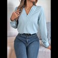 thumbnail image 4 of Blusas Elegantes e Informales para Mujer, con Cuello en V Triple, Larga, para Trabajo y Negocios Azul M, 4 of 10