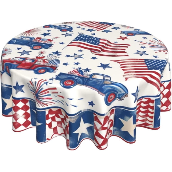 4th of July Round Tablecloth 60 Inch, Patriotic Truck Watercolor Flag Decorations Round Table Cloth for Independence Day Holiday Picnic Party Indoor Outdoor