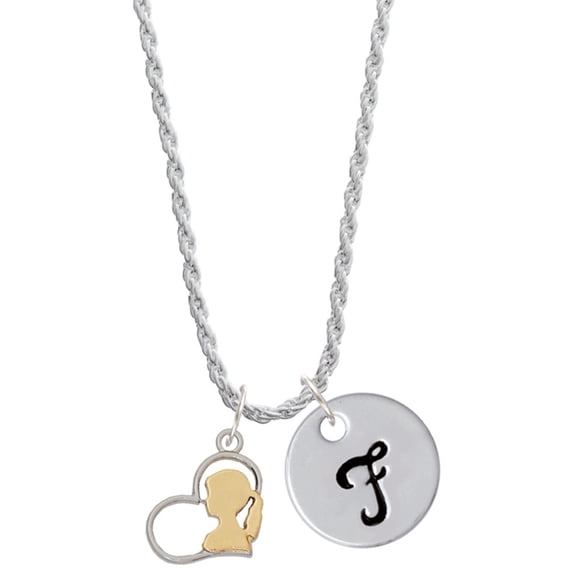 Delight Jewelry Two-tone Girl Silhouette in Heart Silvertone Script Initial Disc - F - Charm Necklace, 20"+3"