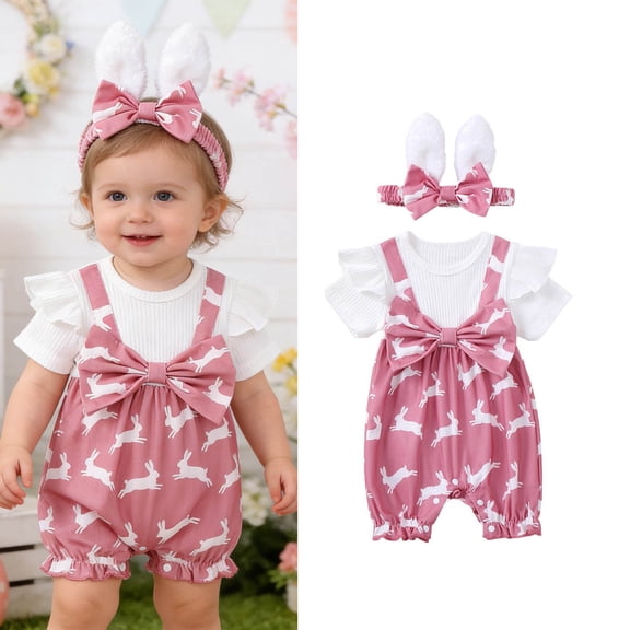 Easter Baby Outfit Short Sleeve Cute Print Bodysuit and Headband Set Girls Summer Clothes Baby Girl Outfit 3-6 Months