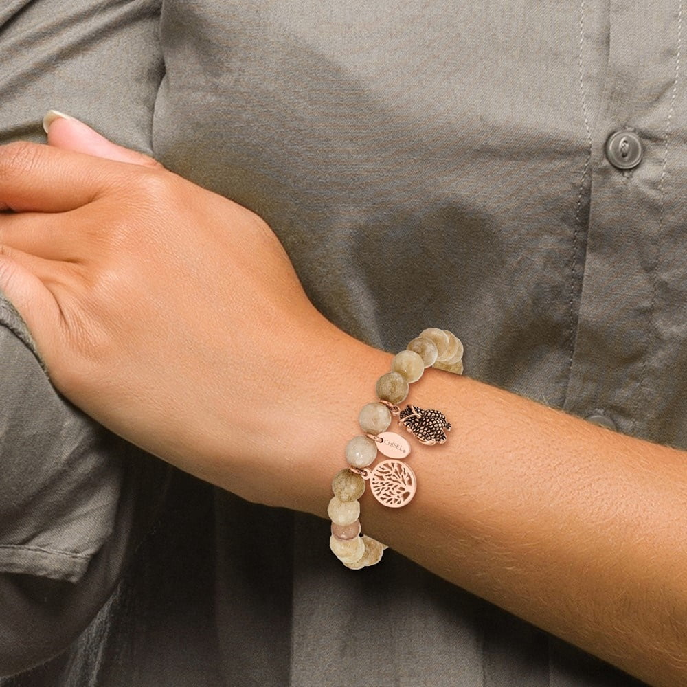Diamond2Deal Stainless Steel Rose IP-Plated Owl and Tree of Life Taupe Dyed Jade Beaded Stretch Bracelet for Women 6.5"