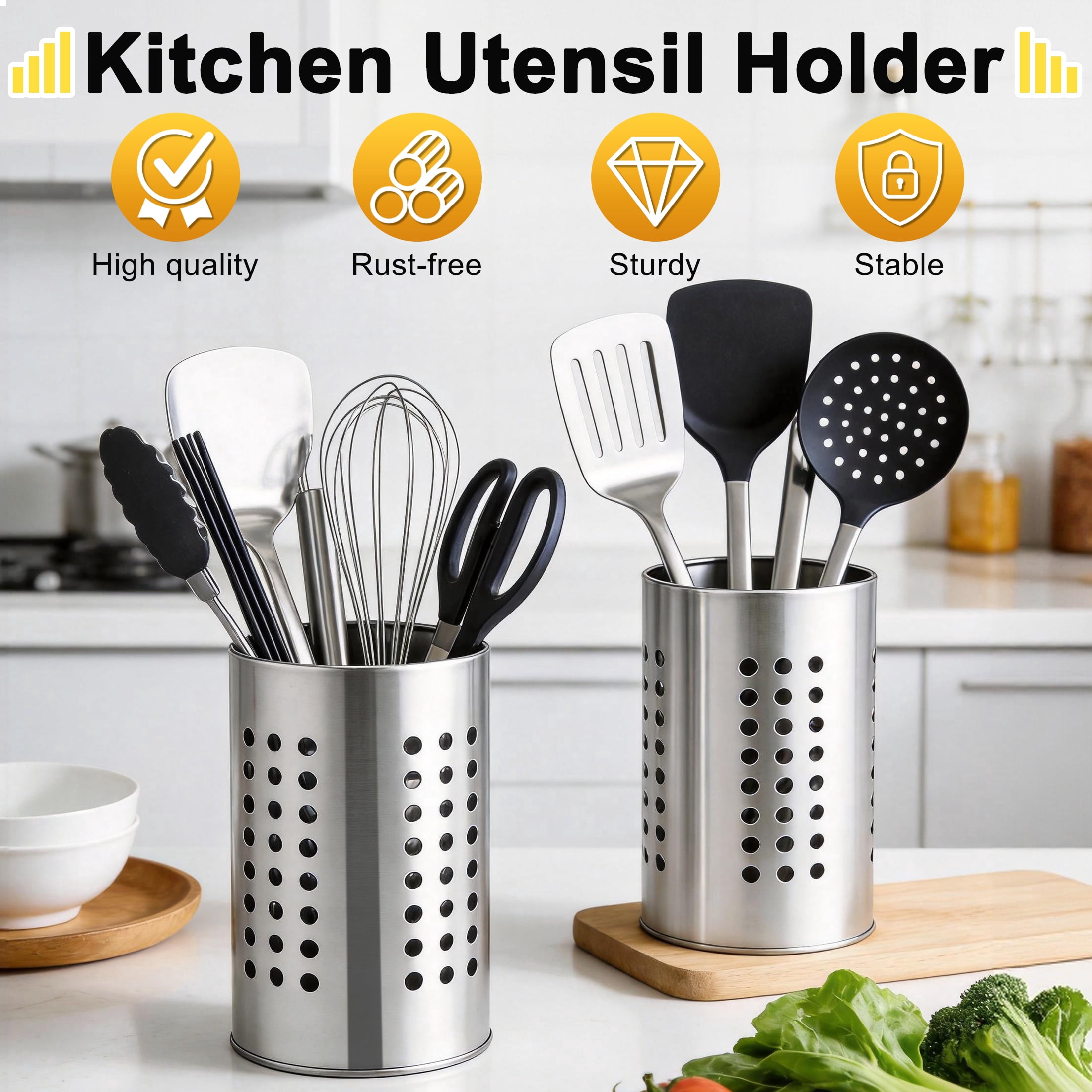 Cisilov 2 Pcs Cooking Utensil Holder, Stainless Steel Kitchen Utensil Holder, Utensil Organizers for Kitchen Countertop, Kitchen Home Office