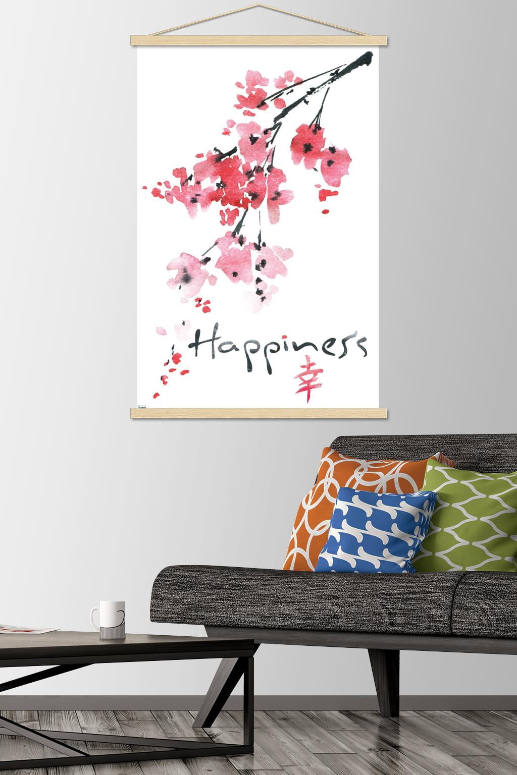 Sakura Tree - Happiness Wall Poster with Wooden Magnetic Frame, 22.375" x 34"
