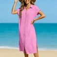 thumbnail image 3 of Xuniizn Robe en Coton et Lin pour Femmes Grande Taille Robe Midi Été Décontractée Couleur Unie Col à Revers Robe Chemise à Boutons, P-3TG, 3 of 6
