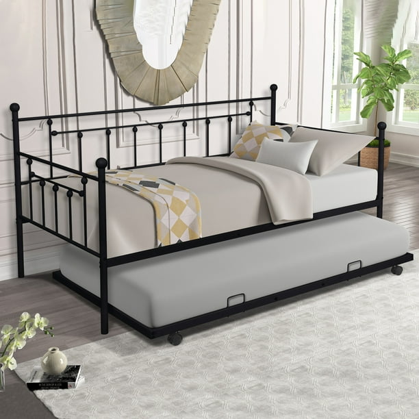 UHOMEPRO Daybed, Heavy Duty Metal Twin Daybed with Trundle and Slat