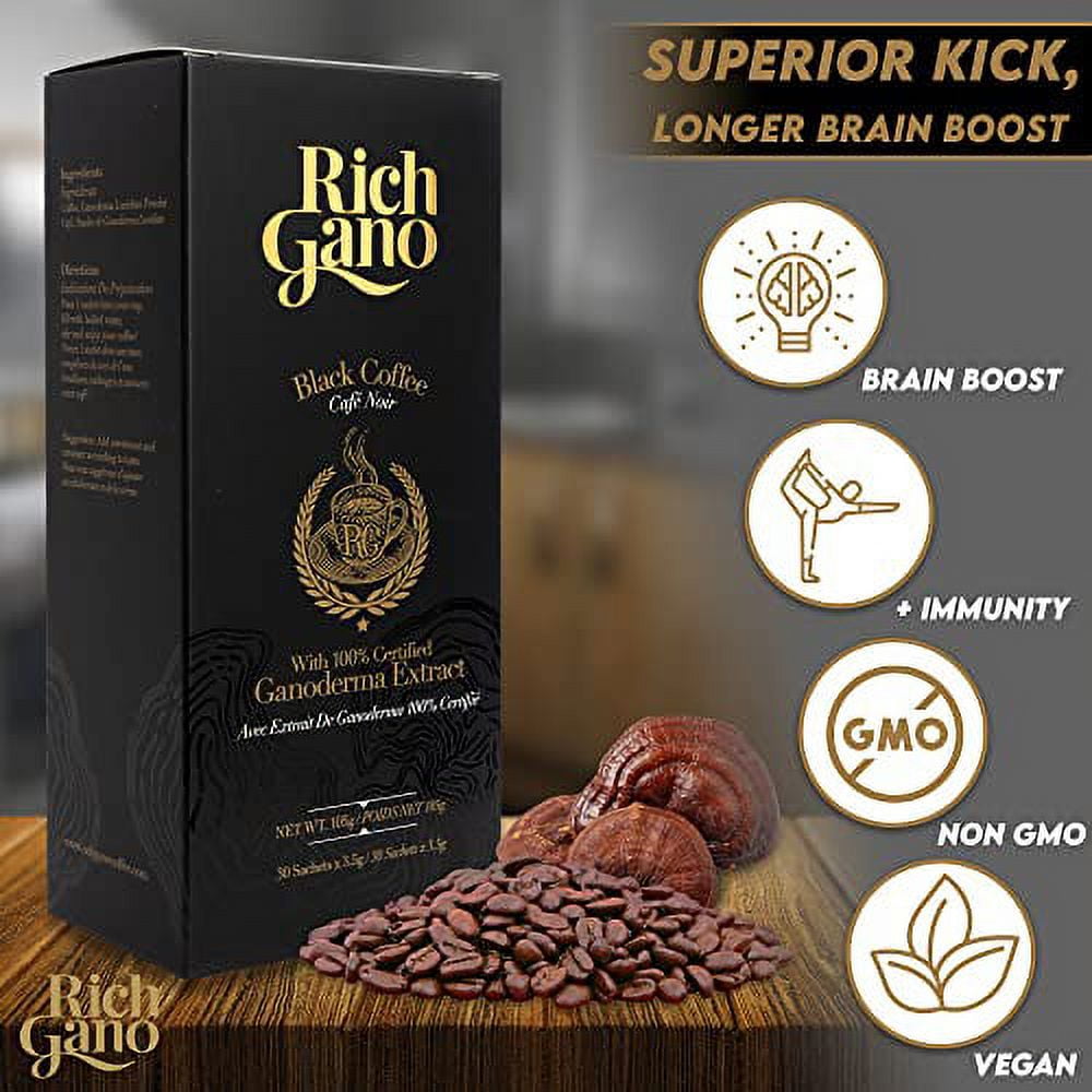 Rich Gano Mushroom Coffee – 60 Sachets Black Coffee with Ganoderma Extract – Non-GMO Vegan Friendly Instant Coffee Packets – Zero Jitters Immune Support Ganoderma Coffee