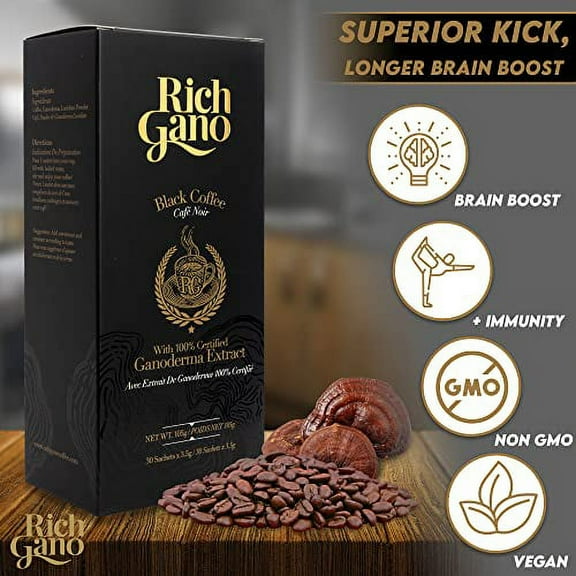 Rich Gano Mushroom Coffee – 180 Sachets Black Coffee with Ganoderma Extract – Non-GMO Vegan Friendly Instant Coffee Packets – Zero Jitters Immune Support Ganoderma Coffee