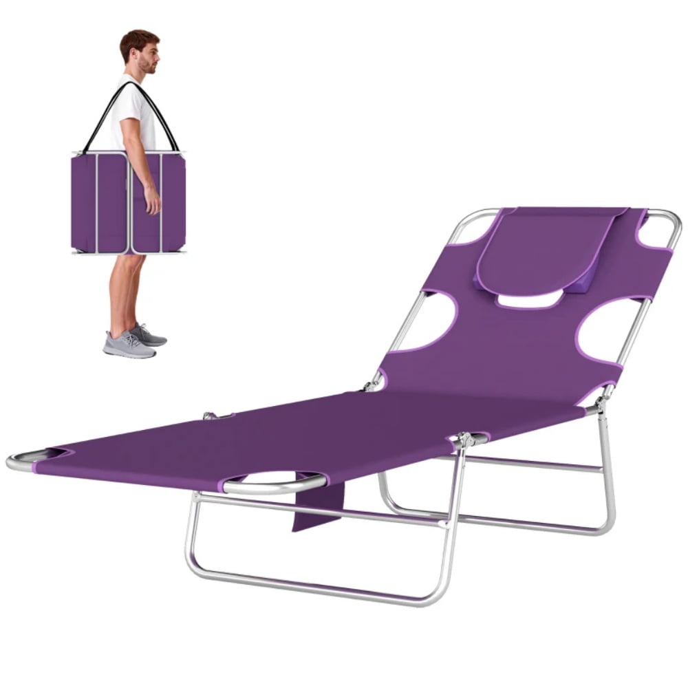 Outdoor Folding Lounge Chair 5-Position Adjustable Backrest Face Cavity & Arm Slots Sunbathing Lounger with Side Pocket Carry Strap for Beach Pool Patio