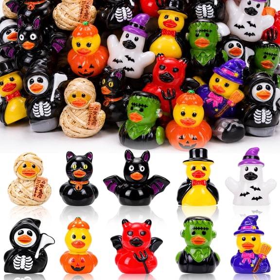 Yhh 100 Pcs Halloween Mini Resin Duck Figurines, 10 Styles Skeleton Pumpkin Witch Ghost Ducks for Party Favors, Gifts, DIY Crafts and Dollhouse Decor