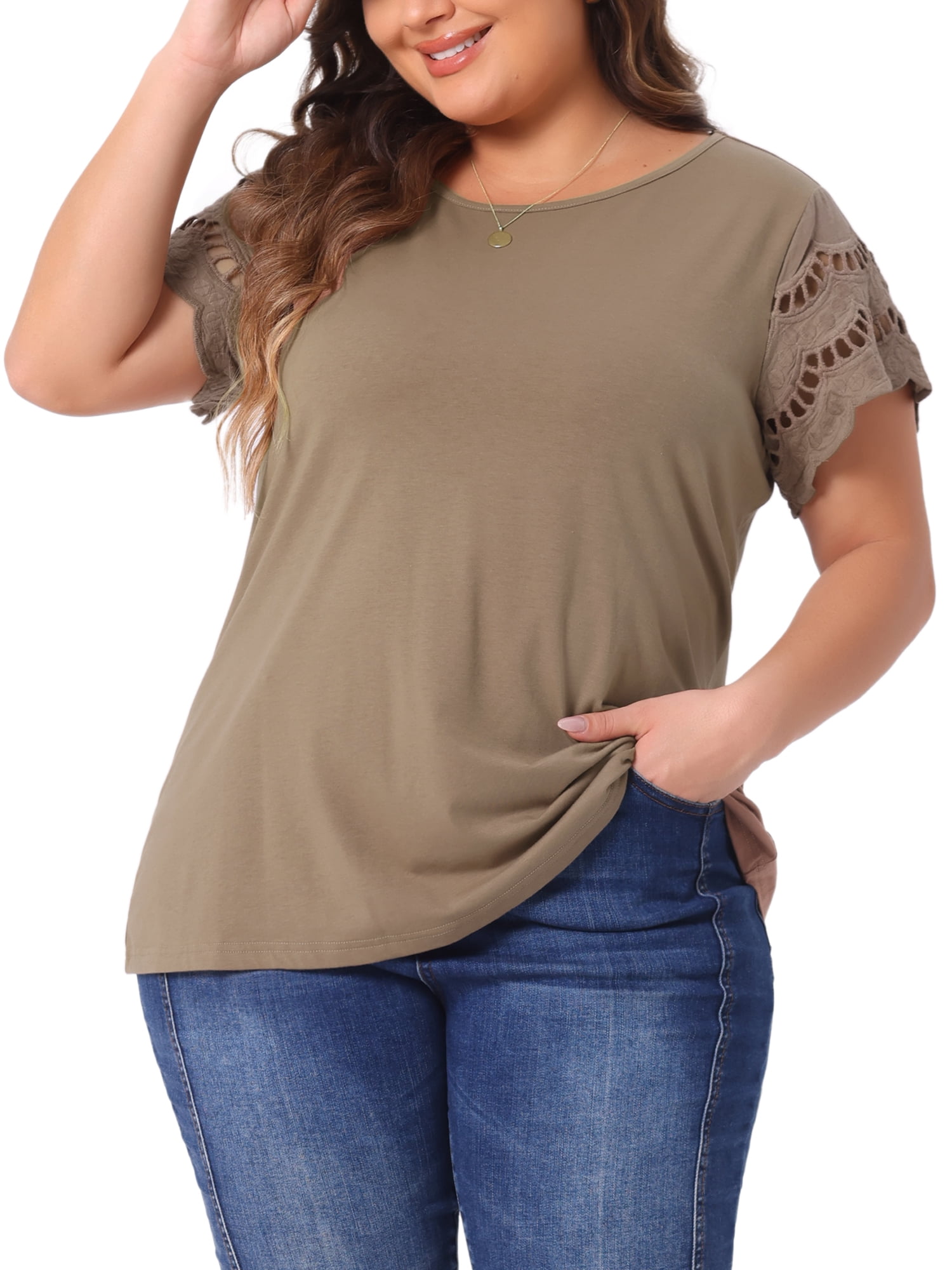 Unique Bargains Women's Plus Size Round Neck Lace Panel Blouses 3X Brown