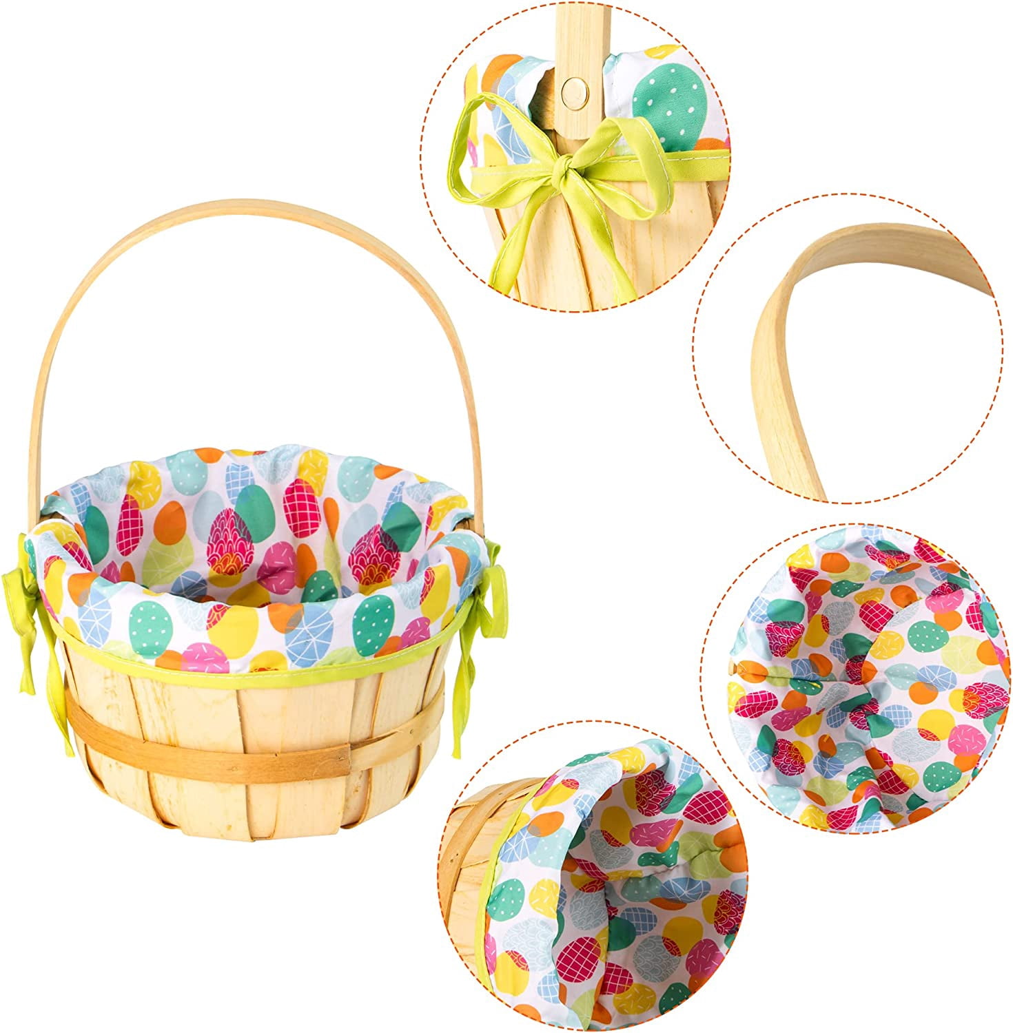 2 Pcs Easter Natural Woven Woodchip Basket with Lining, Wicker Wooden Easter Eggs Hunting Basket with Handle for Picnic, Gift Packing, Candy Storage and Party Favors Decorations(12.2" X8.7")
