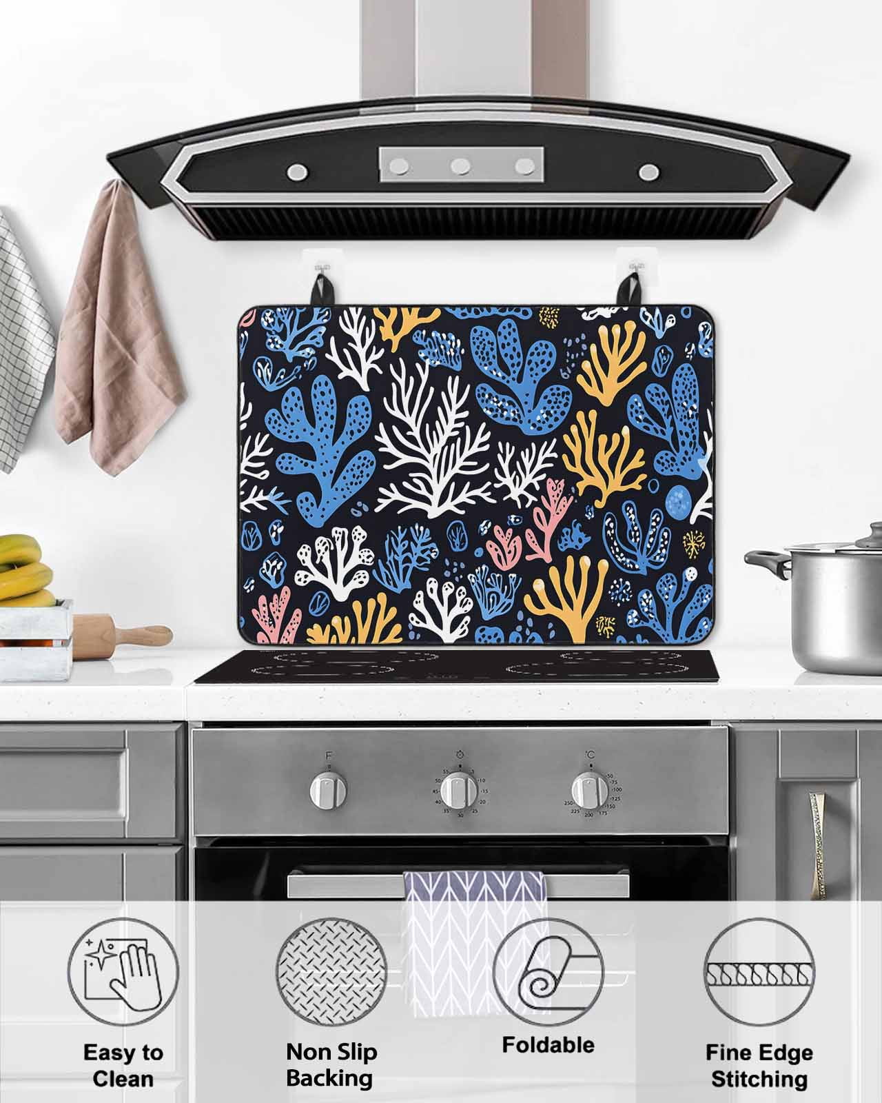 nqOlkjepod Large Induction Cooktop Protector Mat 24"x21", Blue Yellow White Coral Stove Top Covers for Electric Stove, Coastal Watercolor Ocean Stove Burner Cover Mats, Glass Top Stove Cover