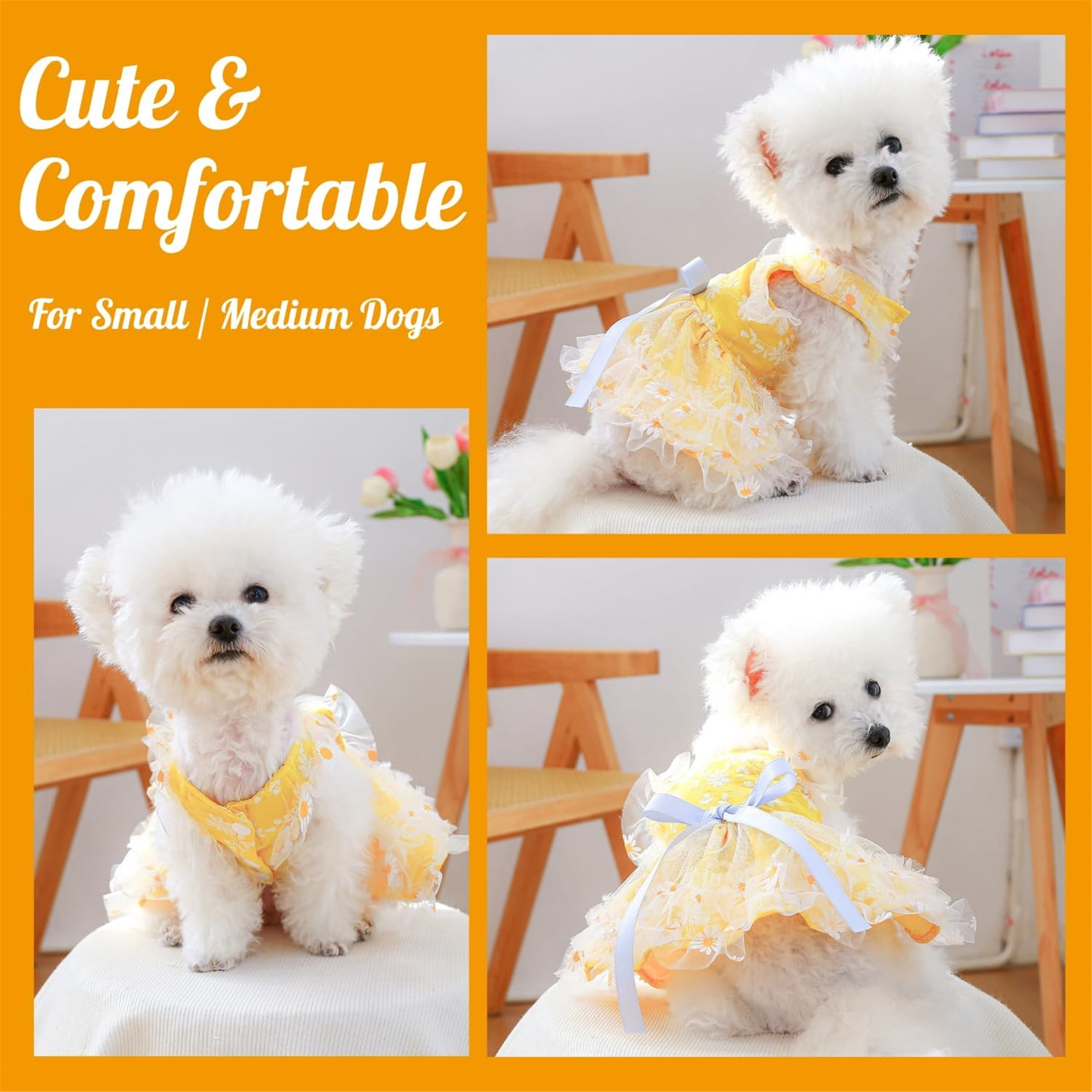 HQREA Yellow Daisy Small Dog Dress Summer Girl Dog Clothes Puppy Outfits for Wedding Birthday Party
