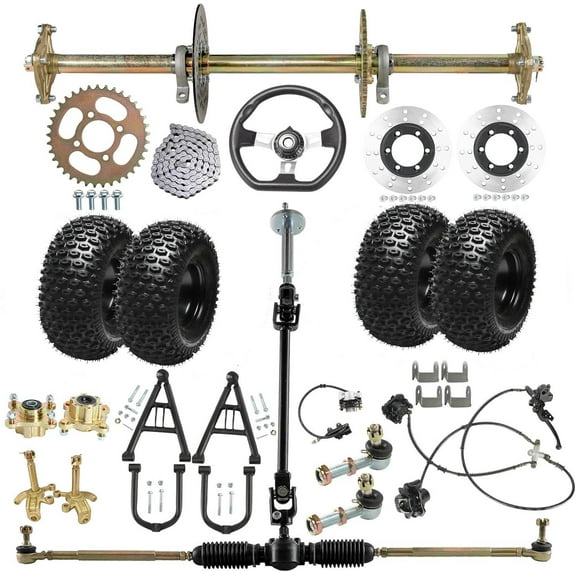 32" Go Kart Axle Kit, 810mm Rear Axle Kit with 16x8-7" Wheels Tires, Front Steering System, Swingarm Brake Assembly, 420 Chain, DIY Live Axle Kit for Go Cart, ATVs, Quads, Drift Trikes