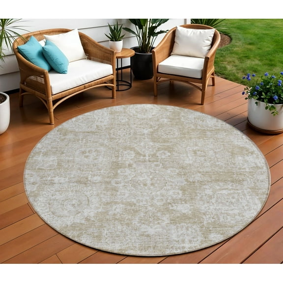 HomeRoots 579435 8 ft. Round Floral Washable Indoor & Outdoor Area Rug, Beige, Tan & Gray