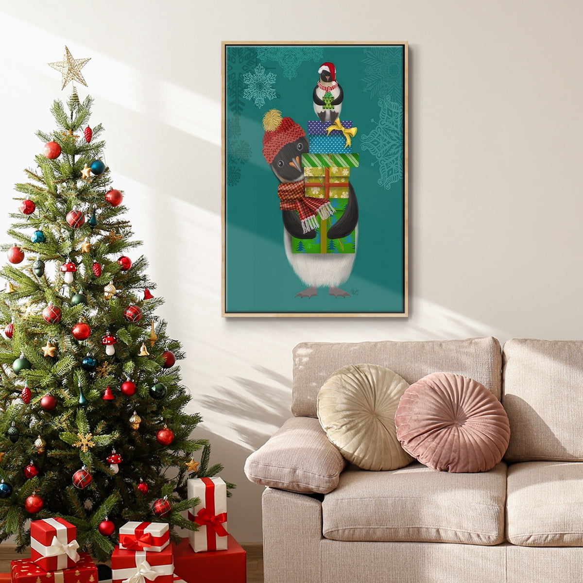 Christmas Penguin Gifts - Framed Gallery Wrapped Holiday Canvas - 27 x 41 - Natural Wood Frame