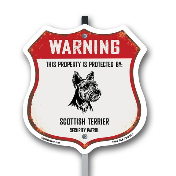 Warning This Property is Protected by Scottish Terrier 12 inch X 12 inch Shield Shaped Rust-Free Aluminum Metal Sign with Aluminum Mounting Stake Weather Resistant Made in the USA