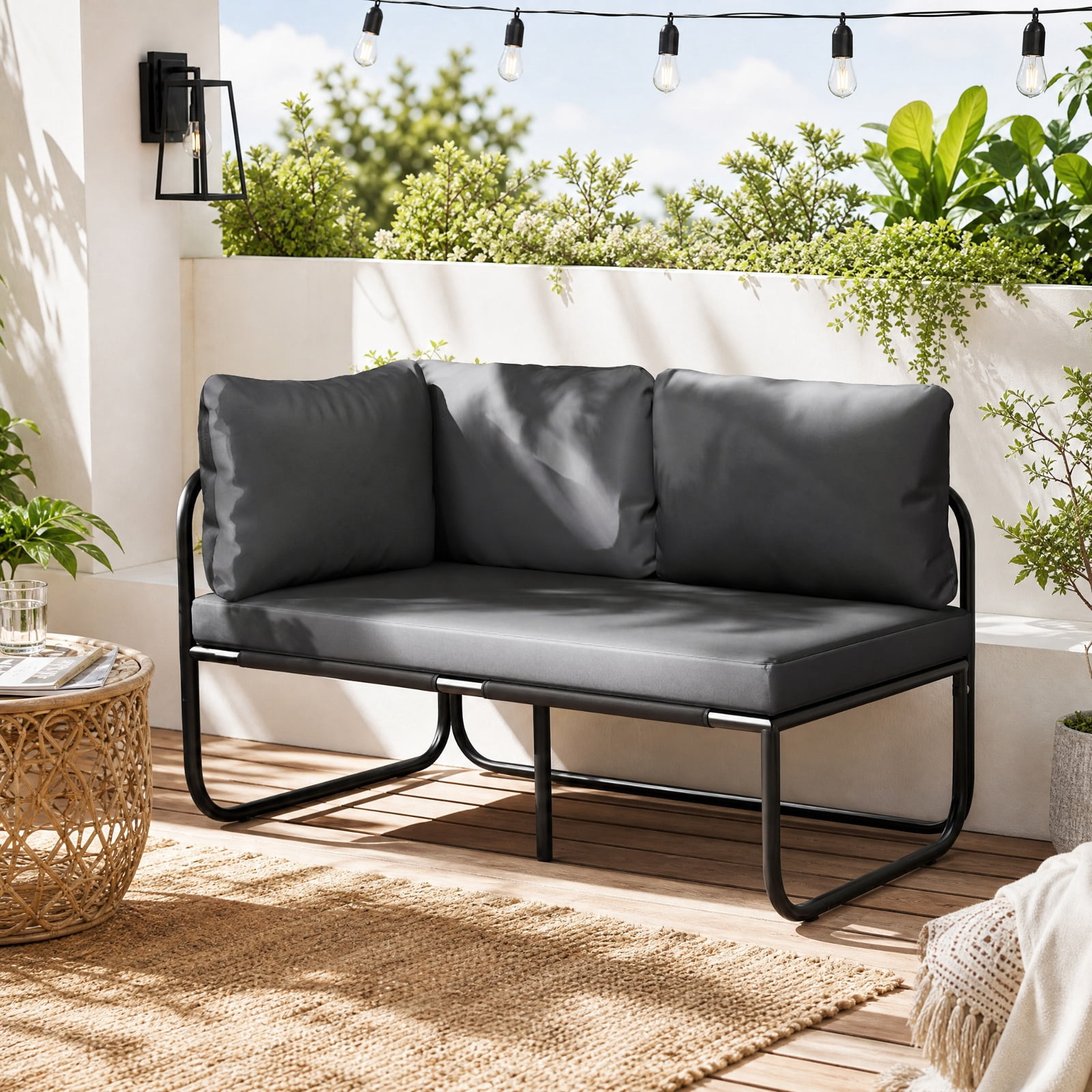 Furnibear Patio Loveseat Sofa Couch with Removable Pillows and Seat Cushion for Yard Garden Porch and Poolside Seating, Gray